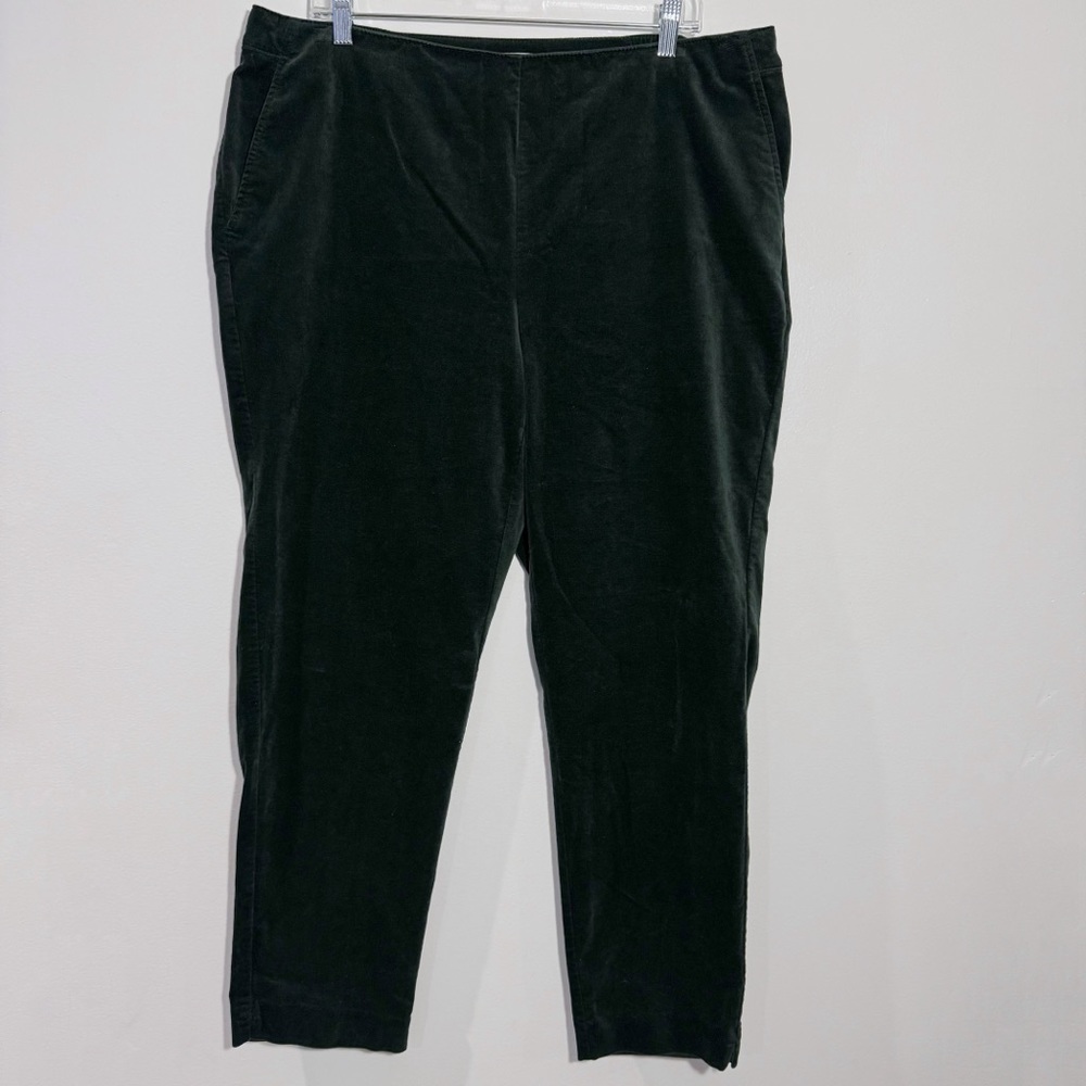 J. Jill Forest Green Soft Velvet Straight Leg‎ Pocket Side Zip Pants Size 18